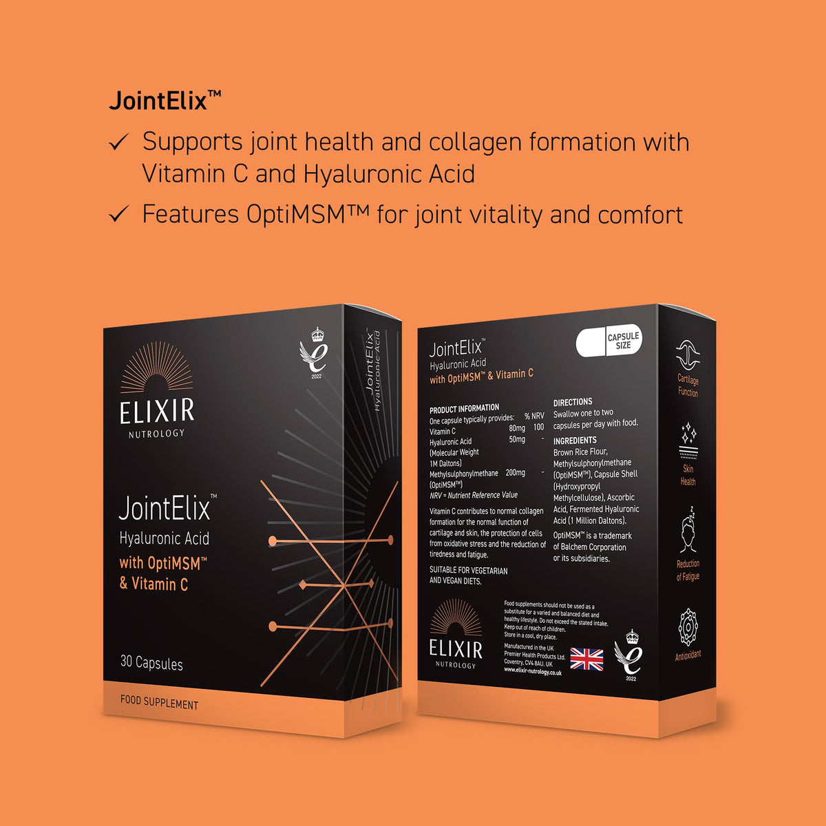 ELIXIR NUTROLOGY Joint Health Support Capsules | Hyaluronic Acid, Vitamin C & OptiMSM | Supports Normal Collagen Formation for Cartilage | Daily Joint & Mobility Nutrition for Adults | 30 Vegan Capsules | UK Made