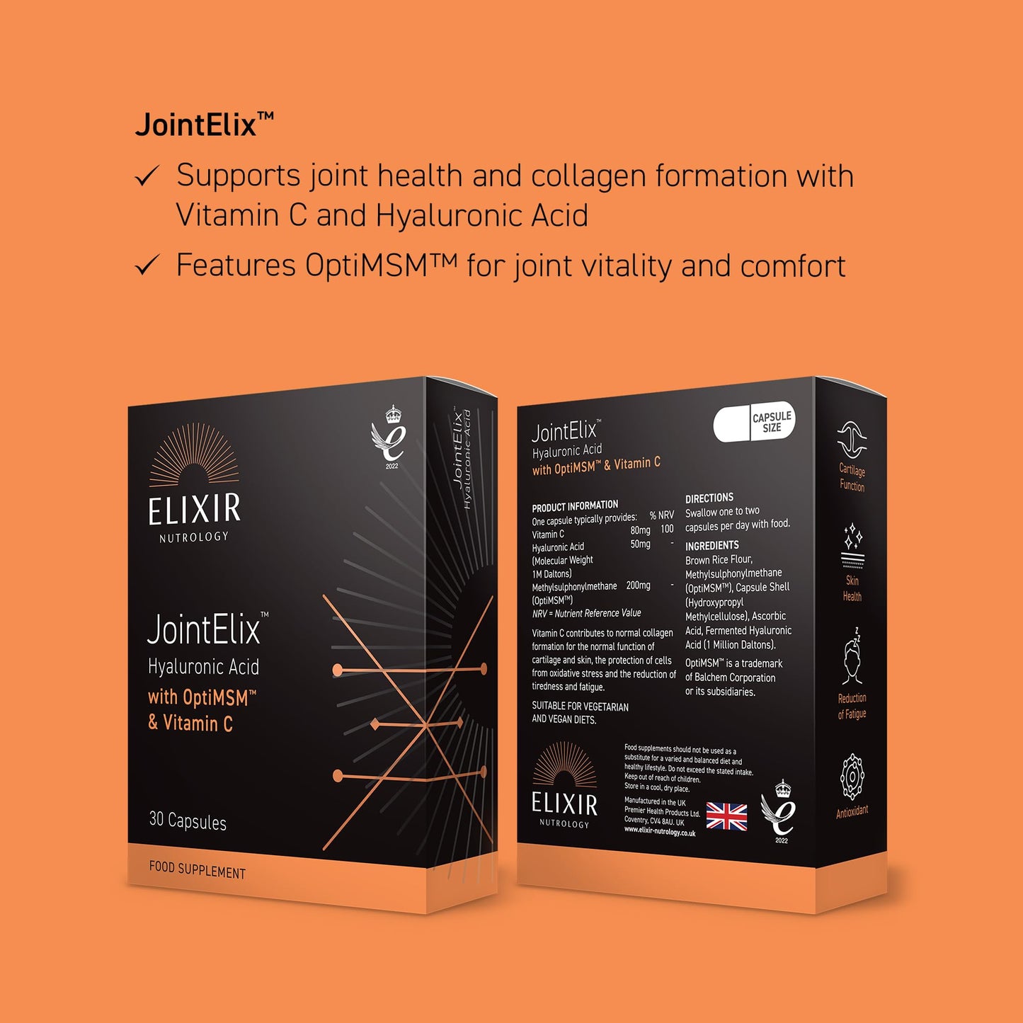 ELIXIR NUTROLOGY Joint Health Support Capsules | Hyaluronic Acid, Vitamin C & OptiMSM | Supports Normal Collagen Formation for Cartilage | Daily Joint & Mobility Nutrition for Adults | 30 Vegan Capsules | UK Made
