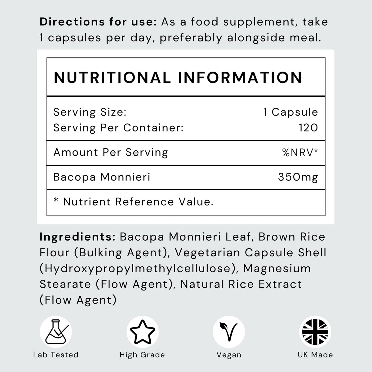 Futuro Labs Bacopa Monnieri Capsules 350mg - Brain/Memory Supplements - Made in The UK - 4 Month Supply - Vegan, Non-GMO, Gluten-Free. Natural Ayuverdic Supplement Bacopa Extract
