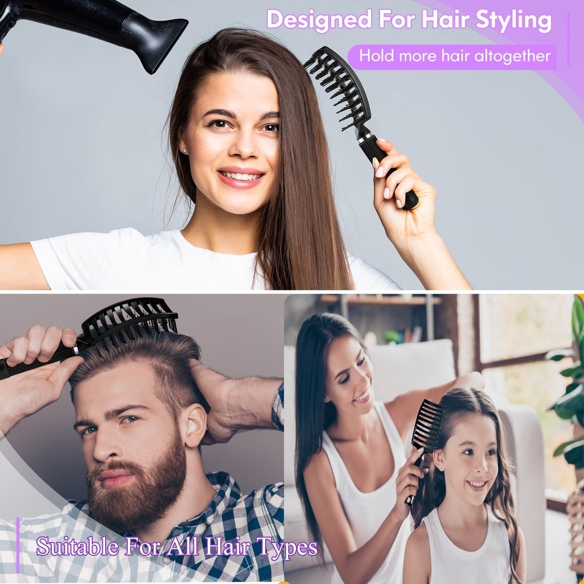Bsisme 2Pcs Hairbrush for Women, Men and Kids, Detangling Curved Vent Brush for Long Thick Thin Curly Wet or Dry Hair, Styling Tool (Pink & Black)