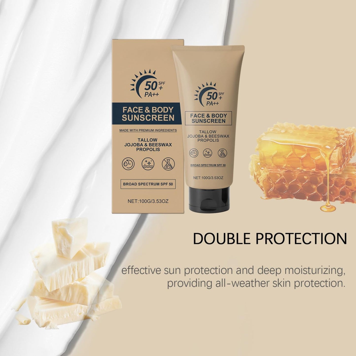 Tallow Sunscreen Face Cream SPF 50 – Natural Mineral SunCream - Organic Sun Cream for Skincare – Non-Greasy Beef Tallow Sunscreen Moisturising Base for Outdoor Use, Fast Absorbing