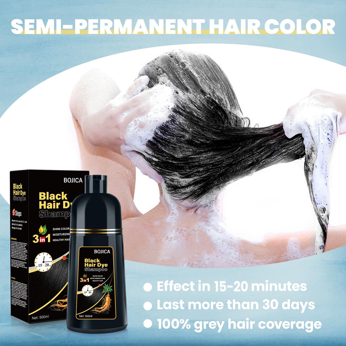 BOJICA Black Hair Dye Shampoo for Gray Hair Coverage, 3-in-1 Semi-Permanent Color Shampoo Herbal Ingredients for Women & Men 500ml