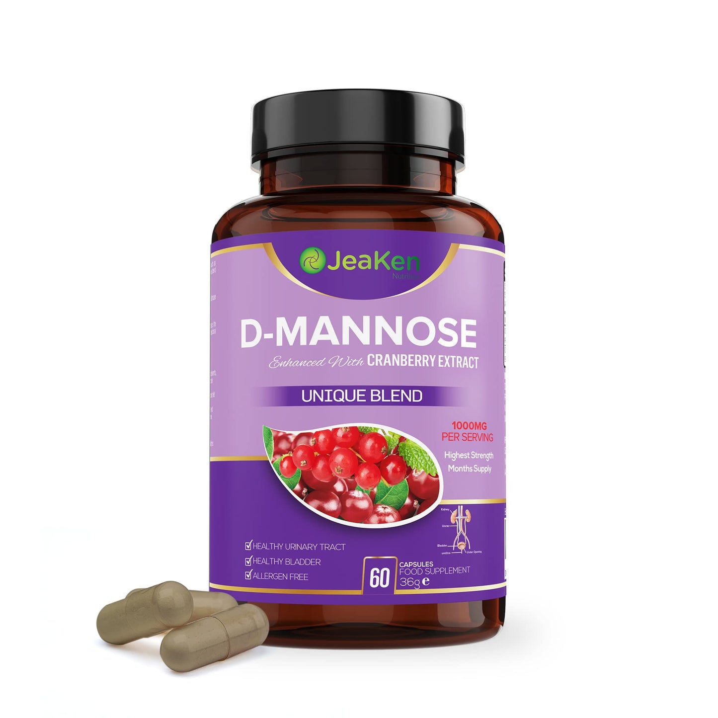 JeaKen - D Mannose, Rich in C, E, B and K Vitamins Women and Men Need, D Mannose Powder with Cranberry Capsules High Strength for Good Urinary Tract Health, Promotes Wellness, 60 Vegan Capsules