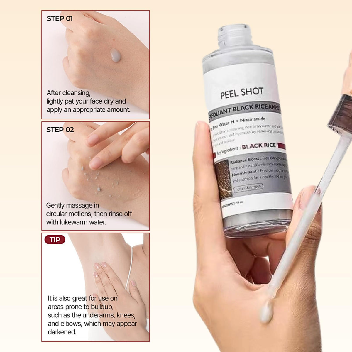 Lumiter Peel Shot Glow Rice Ampoule Duo, Face Exfoliator Rice Toner, Gentle Exfoliating Face Scrub for Blackhead Remover Dead Skin, Refines Pores, Radiant Complexion, AHA + BHA, Niacinamide, 80ml*2