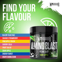 Warrior Amino Blast BCAA Powder 270g – Fruit Salad Flavour, BCAA Supplement for Muscle Recovery, Energy, Endurance, Hydration, Pre & Post Workout Nutrition - Sour Apple