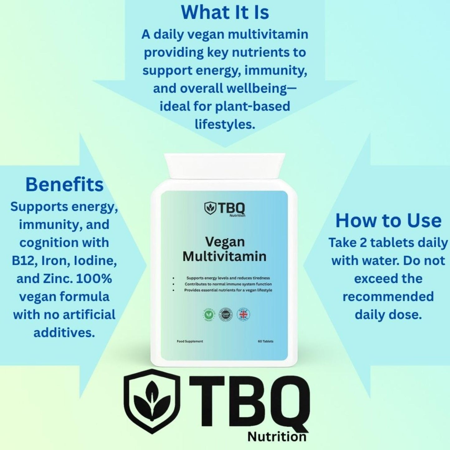 TBQ Nutrition Vegan Multivitamin & Mineral – 60 Tablets | High Strength Formula with Vitamin B12, Iron, Calcium, Zinc & Iodine | Daily Energy, Immunity & Wellness Support | Made in The UK