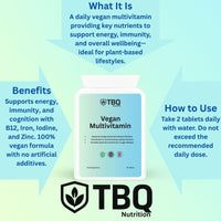 TBQ Nutrition Vegan Multivitamin & Mineral – 60 Tablets | High Strength Formula with Vitamin B12, Iron, Calcium, Zinc & Iodine | Daily Energy, Immunity & Wellness Support | Made in The UK