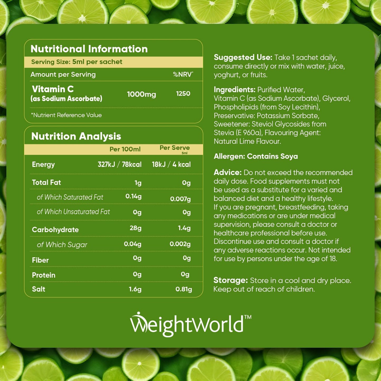 WeightWorld Liposomal Vegan Vitamin C Liquid Sachets - 1000mg Natural Lime Flavour 14 Liquid Sachets - 5ml Per Sachet (Not Vitamin C Effervescent) Sugar-Free, & High Strength - Highly Bioavailable Vitamin C