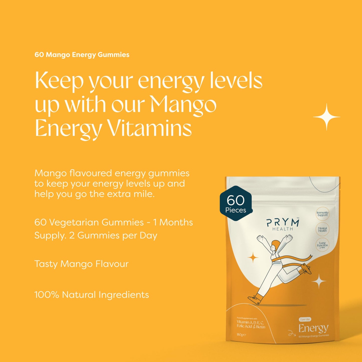 PRYM HEALTH Prym Health - Organic Mango Energy Vitamins 800mg - 60 Vegan Gummies (1 Month Supply/2 A Day) - Natural Energy Multivitamin - Supports Focus & Aids in Reducing Fatigue & Tireness - Non GMO