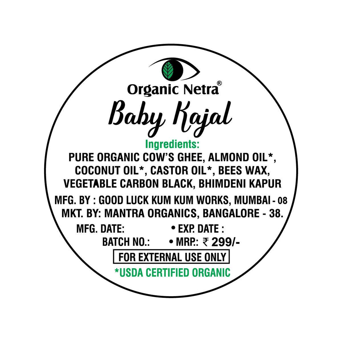 Dhyat Organic Netra® Baby Kajal - 100% Natural, Enriched with Certified Organic Ingredients, Chemical-Free Kajal, Water Resistant and Long Lasting - 8g