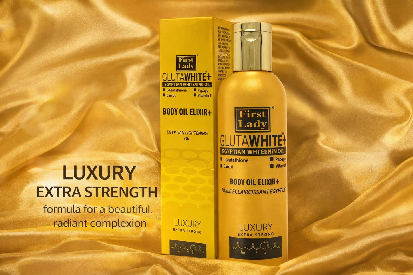 FIRST LADY GLUTAWHITE First Lady Glutawhite Gold Body Oil 200ml – Brightening Body Oil with Glutathione, Licorice Root & Vitamin E, Hydrating Skin Oil with Papaya, Carrot, Goat Milk & Bearberry