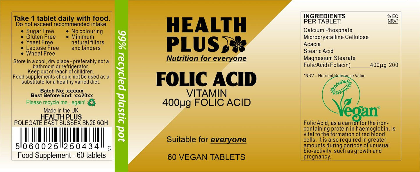 Health Plus Folic Acid 400µg : Pre-Conceptual Vitamin B Supplement : 60 Tablets, in a Planet-Friendly 99% Recycled Pot