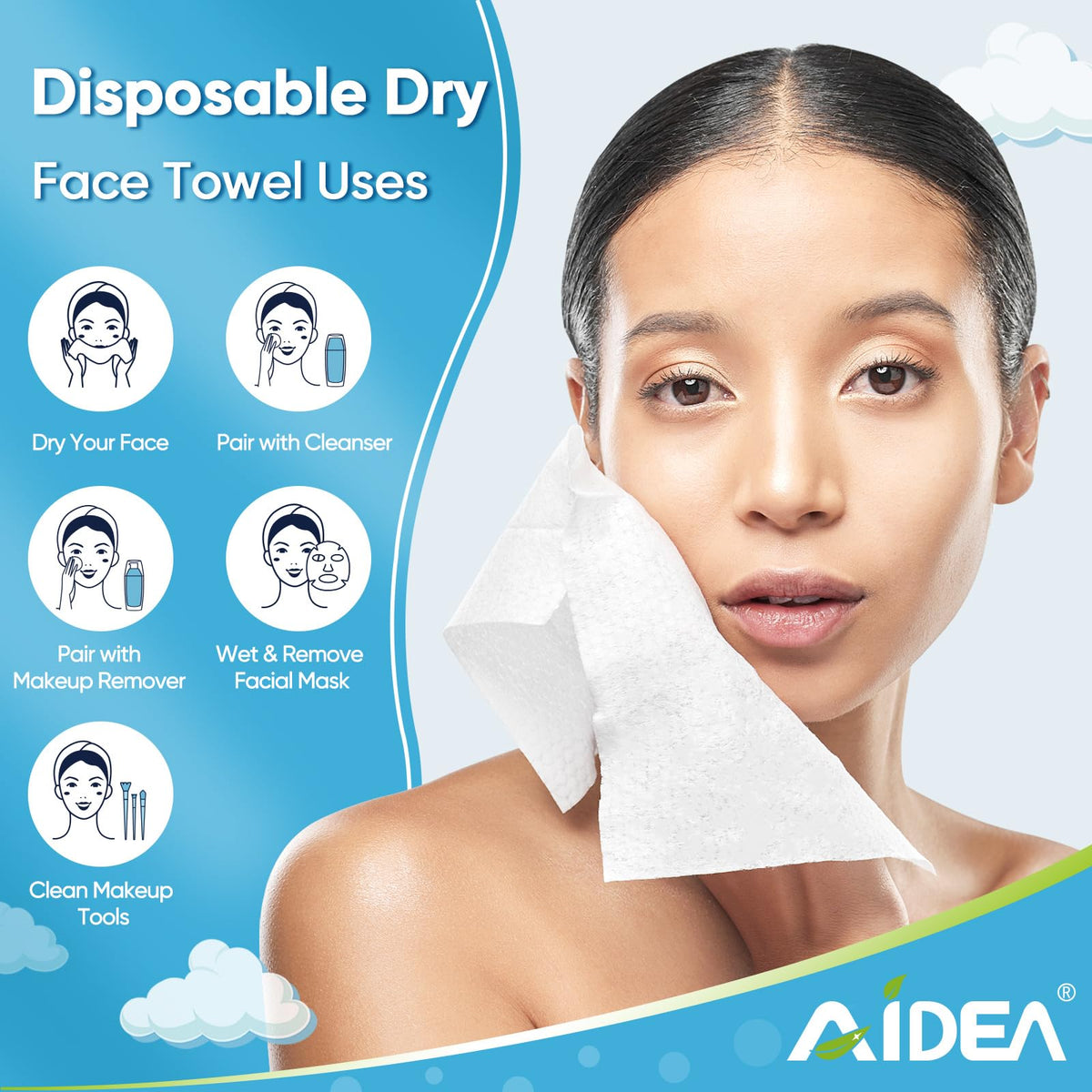 AIDEA Face Towels Disposable-50Ct (1 Box), Clean Facial Towels, Facial Cleansing Wipes for Sensitive Skin, Face Towelettes for Makeup Removing, Nursing, Travel, Dry Wipes