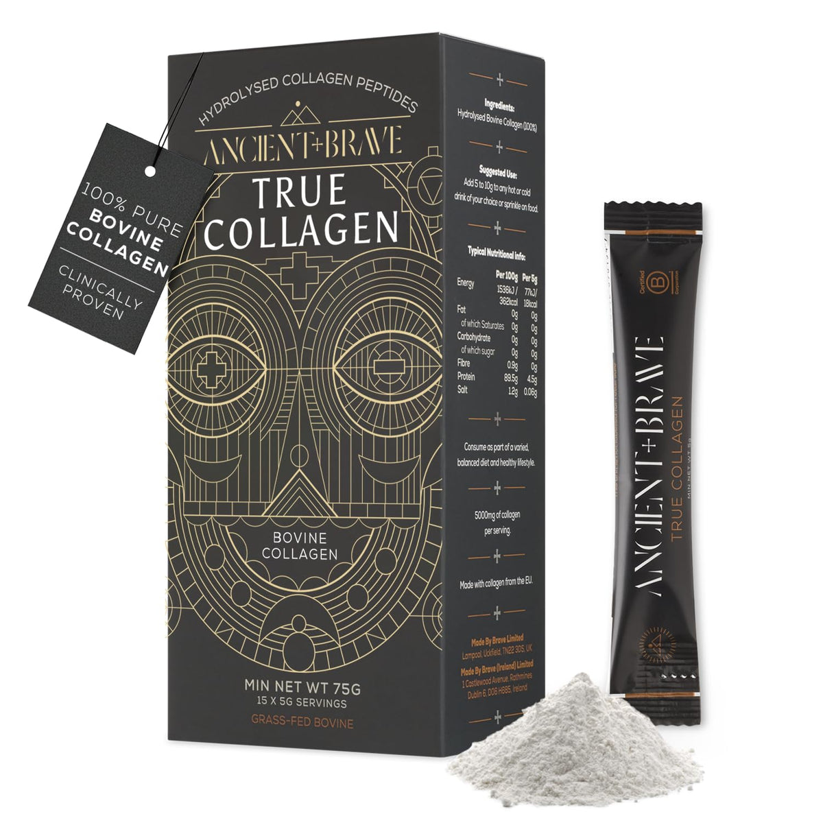 Ancient + Brave True Collagen Sachets 15 x 5g - Bovine Collagen Powder - 100% Hydrolysed Collagen Peptides (Type 1) - High Protein - Fasting & Keto Friendly - Neutral Tasting, Skin, Hair & Nails