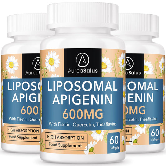 AureaSalus Liposomal Apigenin 600mg, Extra Strength Apigenin Supplement with Fisetin, Quercetin and Theaflavins for Sleep, Relaxation & Mood, Powerful Flavonoid & Antioxidants (60 Count (Pack of 3))