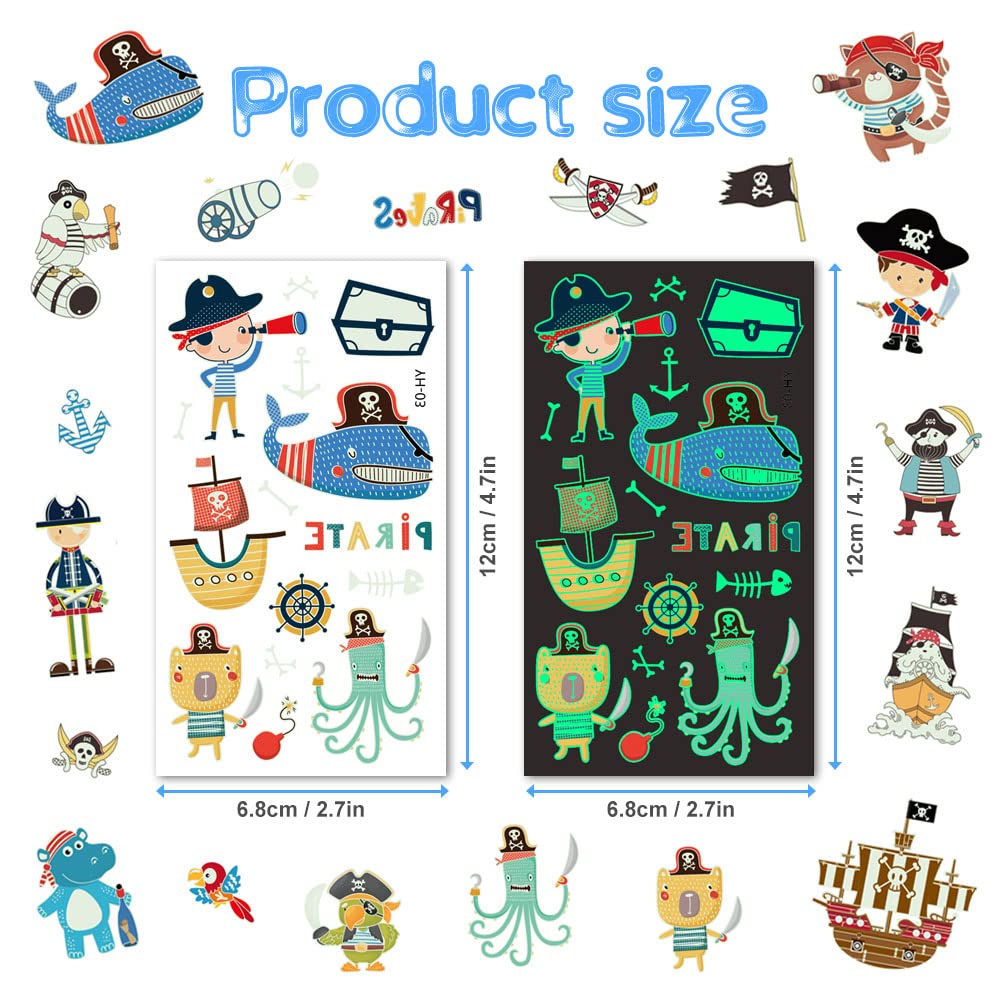 Aomig AOMIG Temporary Tattoo for Kids, 10 Sheets Glow In The Dark Cartoon Pirate Tattoo Stickers, Waterproof Luminous Fake Tattoo Stickers Set for Boys Girls Birthday Gift Party Bag Filler