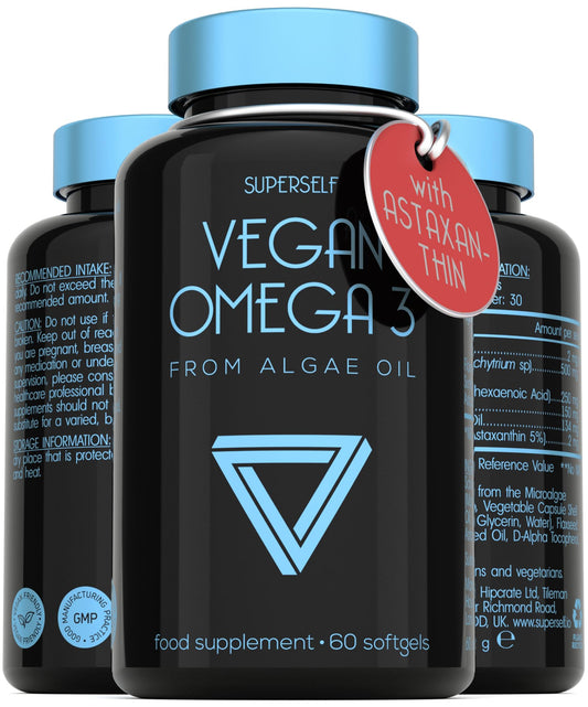 Vegan Omega 3 Capsules - High Strength DHA from Algae Oil 500mg - Algae Omega 3 Vegan with Flaxseed Oil, Astaxanthin, Vitamin E - 60 Easy to Swallow Softgel Tablets - Sustainable Vegetarian Supplement