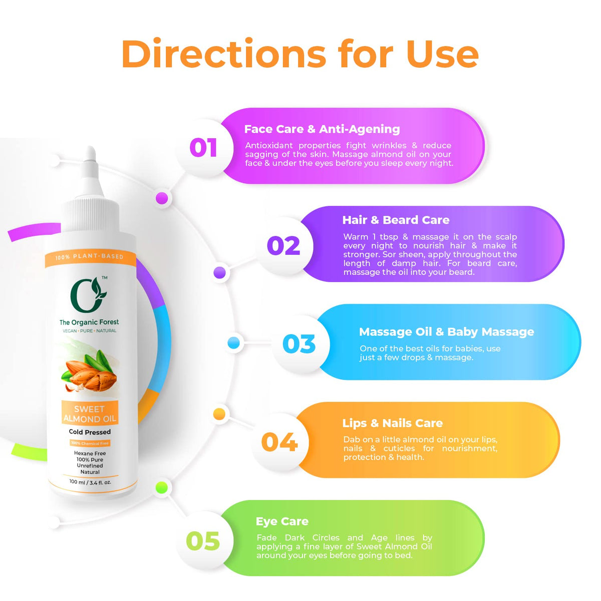 The Organic Forest – VEGAN . PURE . NATURAL Sweet Almond Oil For Skin, Face, Hair | Moisturizing Face Oil, Reduce Acne, Softens Hair, Unscented Badam Oil | 100% Pure Cold Pressed & Unrefined Almond Hair Oil | 100 ML