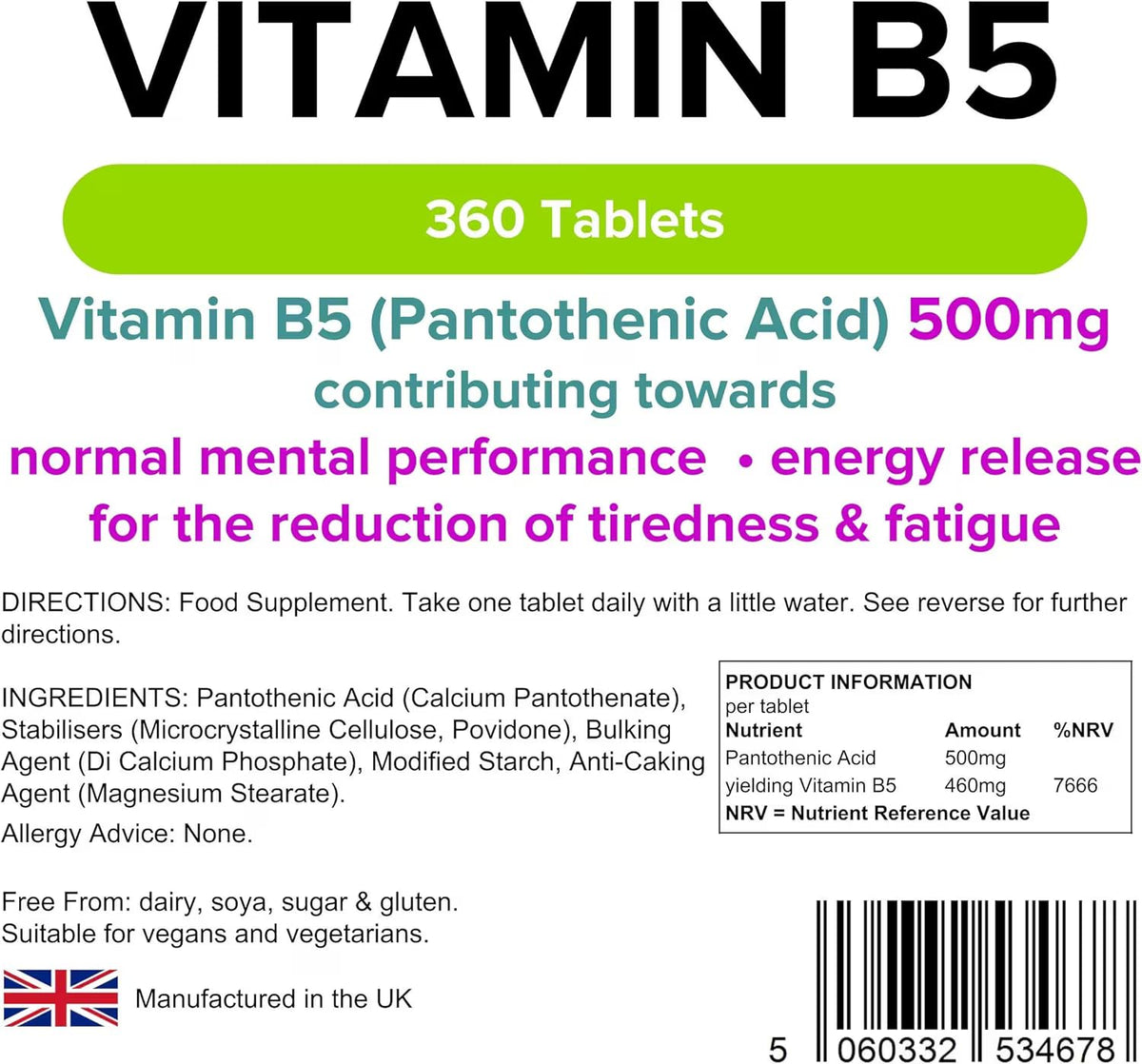 Lindens - Vitamin B5 Pantothenic Acid 500mg, 360 Tablets - 7666% NRV Dose, Contributes to Mental Performance, Metabolism & Reduction of Tiredness - UK Made, (90 Pack x 4)