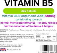 Lindens - Vitamin B5 Pantothenic Acid 500mg, 360 Tablets - 7666% NRV Dose, Contributes to Mental Performance, Metabolism & Reduction of Tiredness - UK Made, (90 Pack x 4)