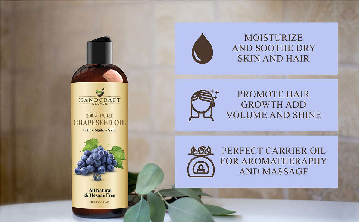 Handcraft Blends Grapeseed Oil - Cold-Pressed 236 ml - 100% Pure and Natural - Premium Grade Carrier Oil for Skin and Hair - Hair and Body - Hexane-Free
