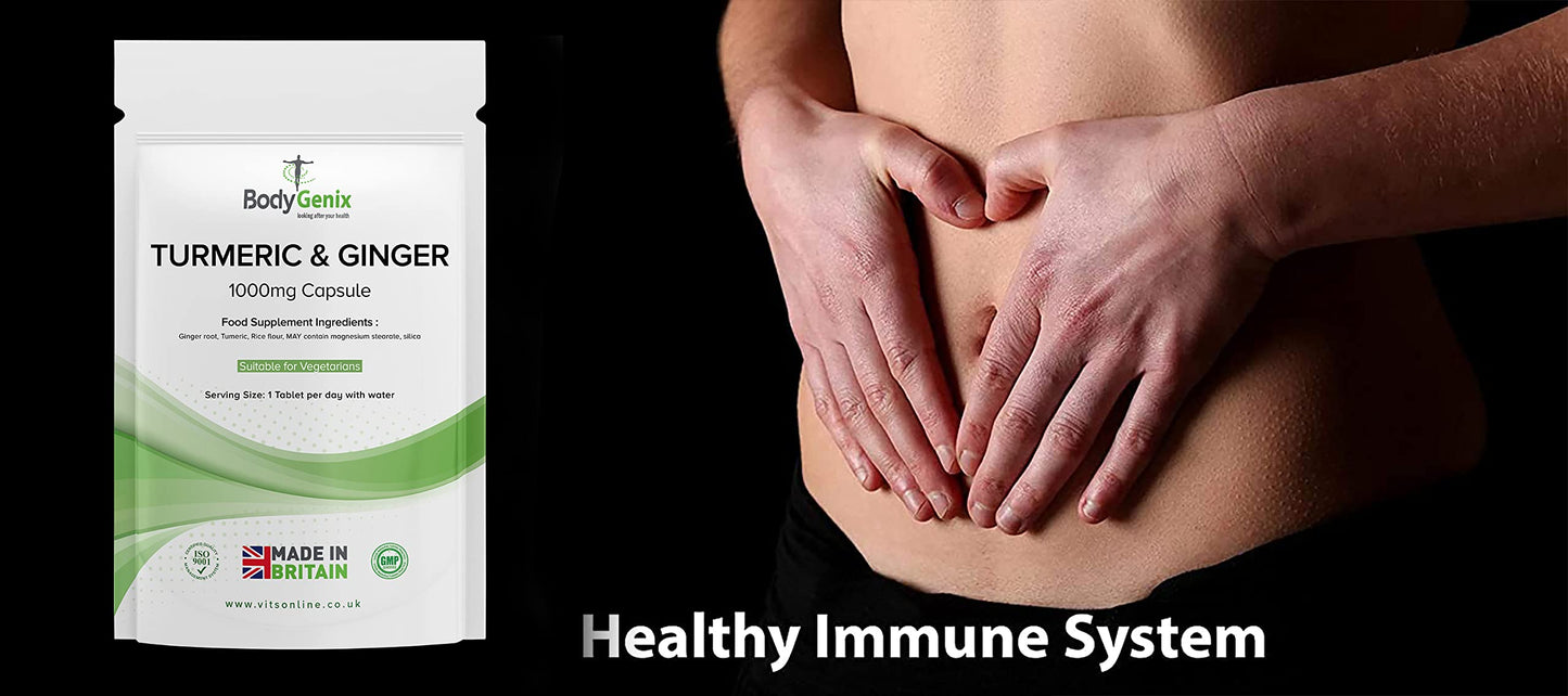 Bodygenix Ginger & Turmeric 1000mg Tablets - Antioxidant Anti-Inflammatory Healthy Skin Immune System Supplement - Vegan Friendly 30 Tablets, 1 Month Supply