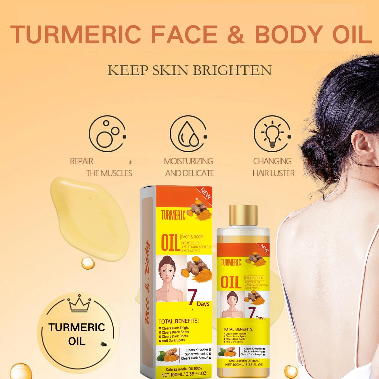 ISBEAUSOLS Turmeric Body Oil for Women - Essential Oils for Skin - Body,Hair,Face Turmeric Oil - Body Oil For Dry Skin - Turmeric Massage Oil For Dark Spots - Nourish,Moist 100ml