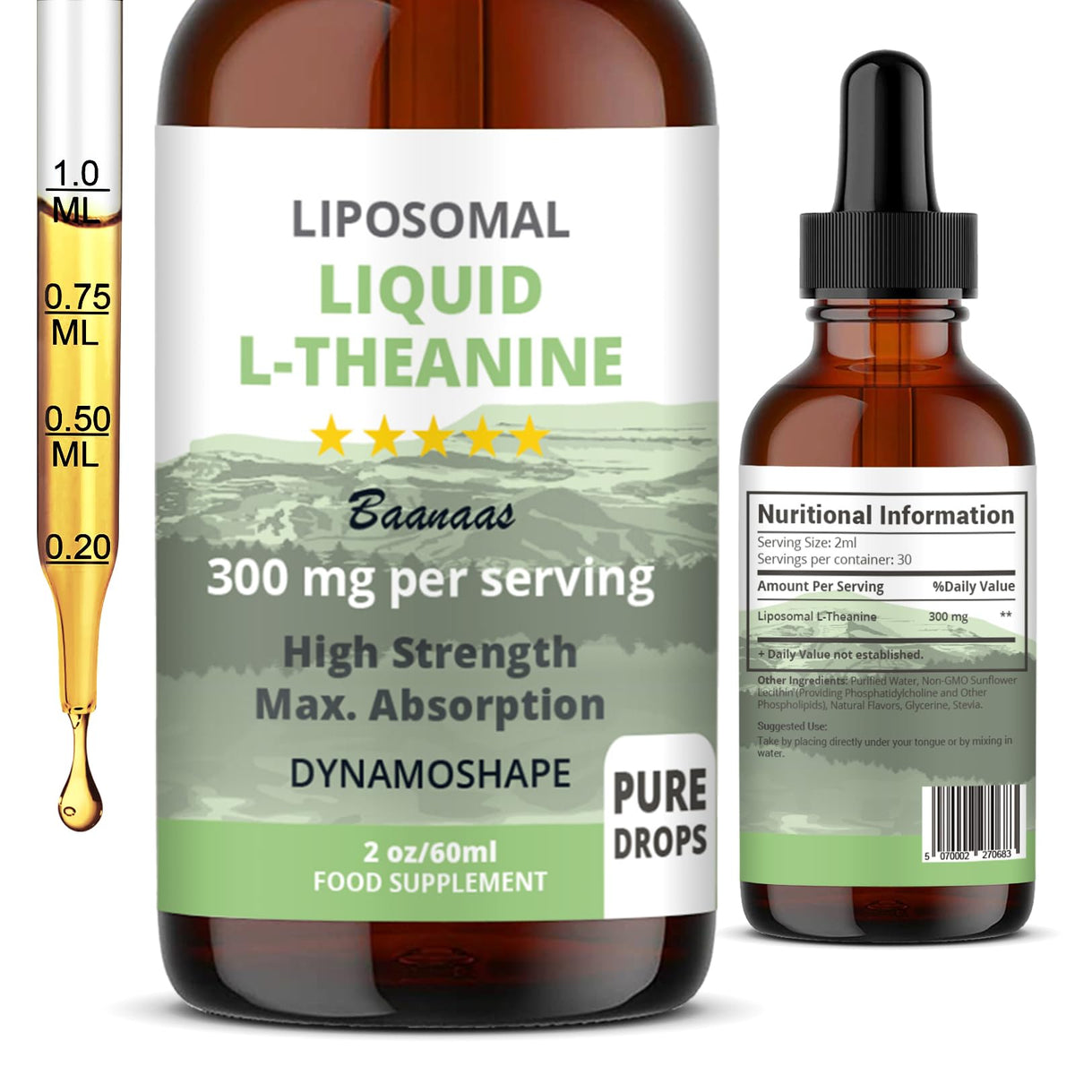 baanaas For Babies to Nanas LIPOSOMAL Liquid L-Theanine Drops for Stress Relief, Relaxation, Focus Without Drowsiness with MAX Absorption, 350mg per Serving