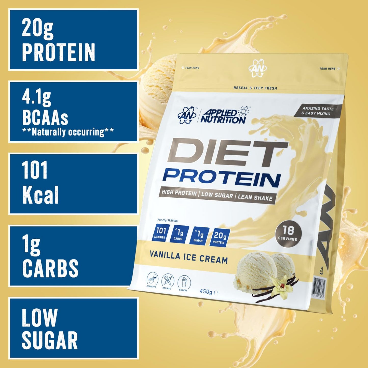 Applied Nutrition Diet Whey - High Protein Powder Supplement, Low Carb & Sugar, for Weight Management with CLA, L Carnitine, Green Tea (450g - 18 Servings) (Vanilla)