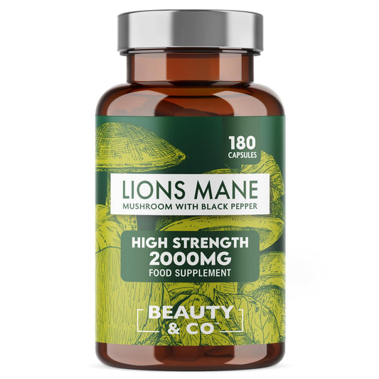 Lions Mane 2000mg with Black Pepper 180 Capsules - 6 months supply of High Strength Lions Mane from Beauty & Co Brand, 1 Capsule = 1 Serving, Vegan, Made in The UK.