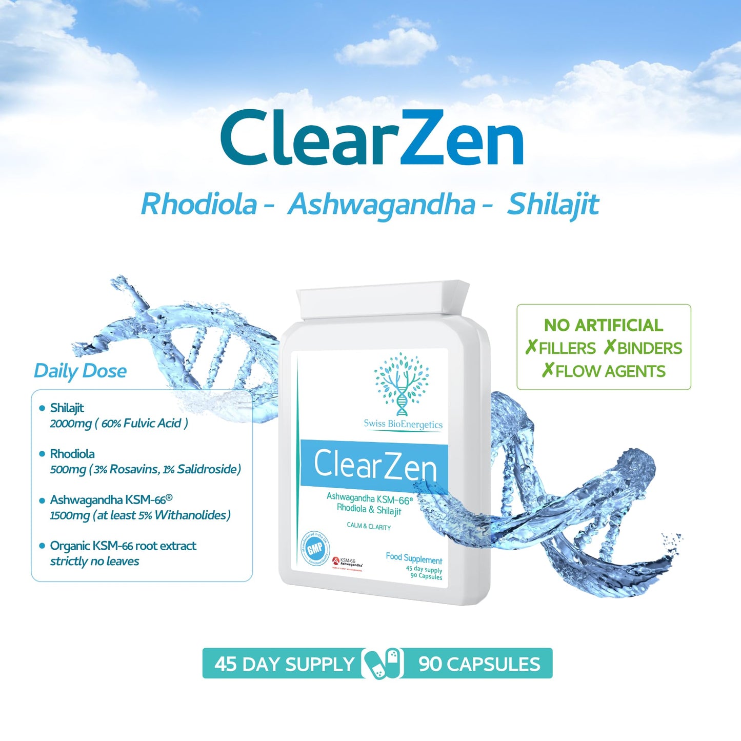 ClearZen - Rhodiola, Ashwagandha and Shilajit - Adaptogen 3-in-1 Ashwagandha KSM-66 1500mg, Rhodiola 500mg (3% Rosavins, 1% Salidrosides) & Shilajit 60% Fulvic Acid - No Artificial fillers or Binders