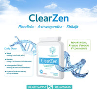 ClearZen - Rhodiola, Ashwagandha and Shilajit - Adaptogen 3-in-1 Ashwagandha KSM-66 1500mg, Rhodiola 500mg (3% Rosavins, 1% Salidrosides) & Shilajit 60% Fulvic Acid - No Artificial fillers or Binders