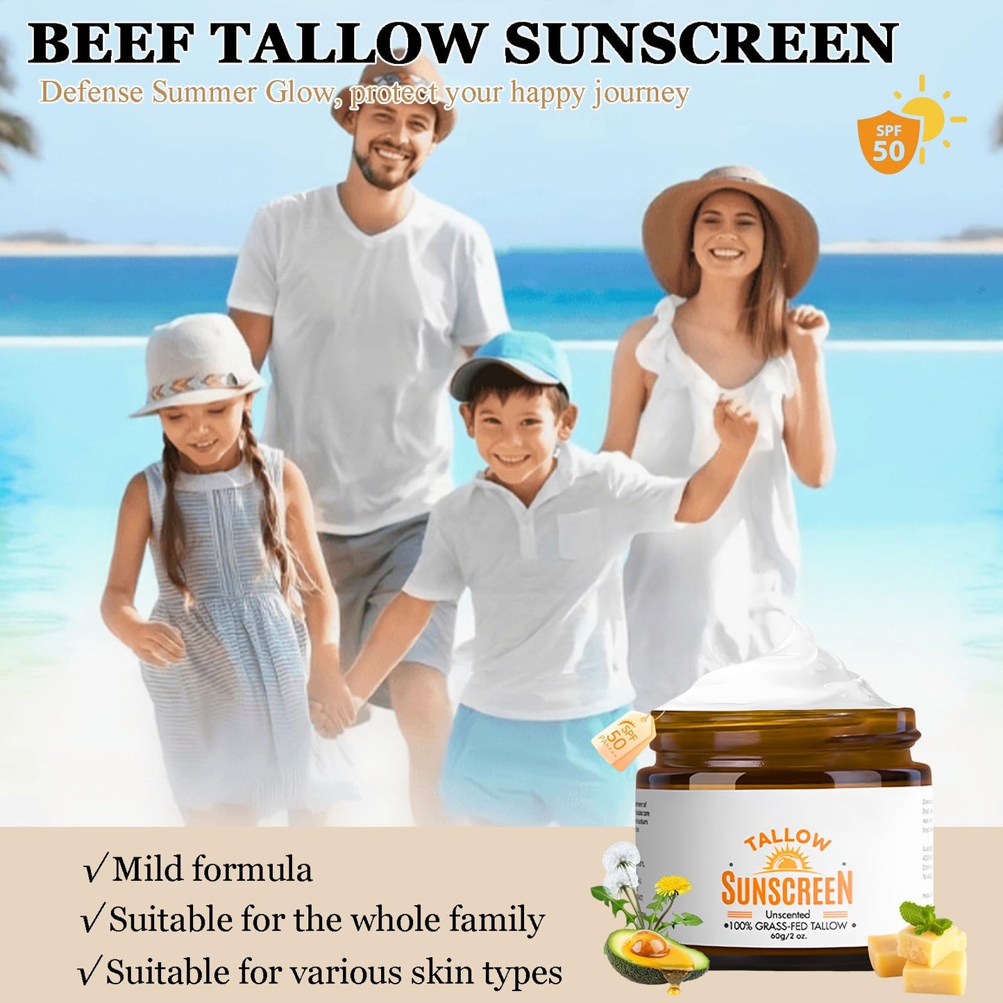 Beef Tallow Sunscreen Spf 50 - Organic Sun Cream 100% Grass-Fed Tallow - Instant Sun Protection Cream For Face & Body - Lightweight Moisturizing Sun Screen For Women, Men Ourdoor Daily Defence