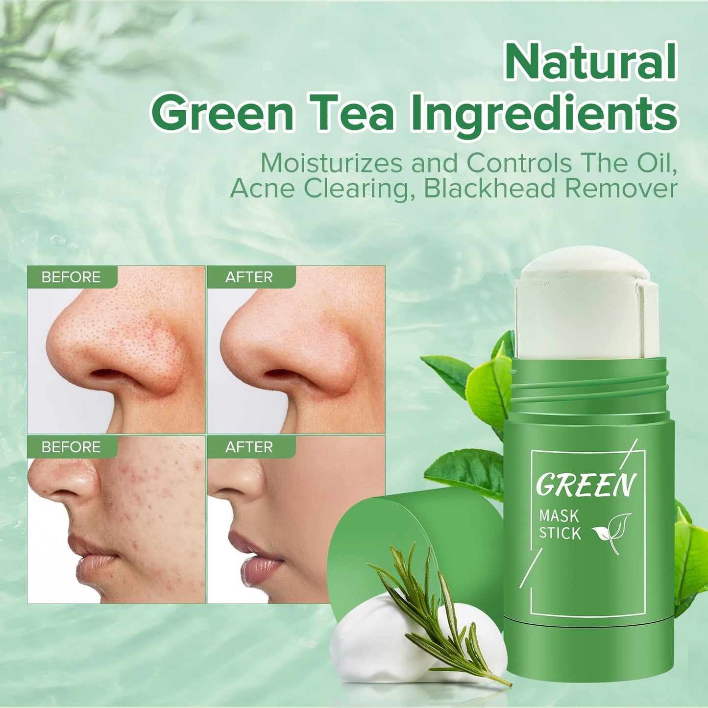 HZZYJ 2 Pack Green Tea Cleansing Mask Stick,Blackhead Remover Mask Stick,Purifying Clay Stick,Anti-Acne Oil Control & Clean Pores for All Skin Types Women and Men