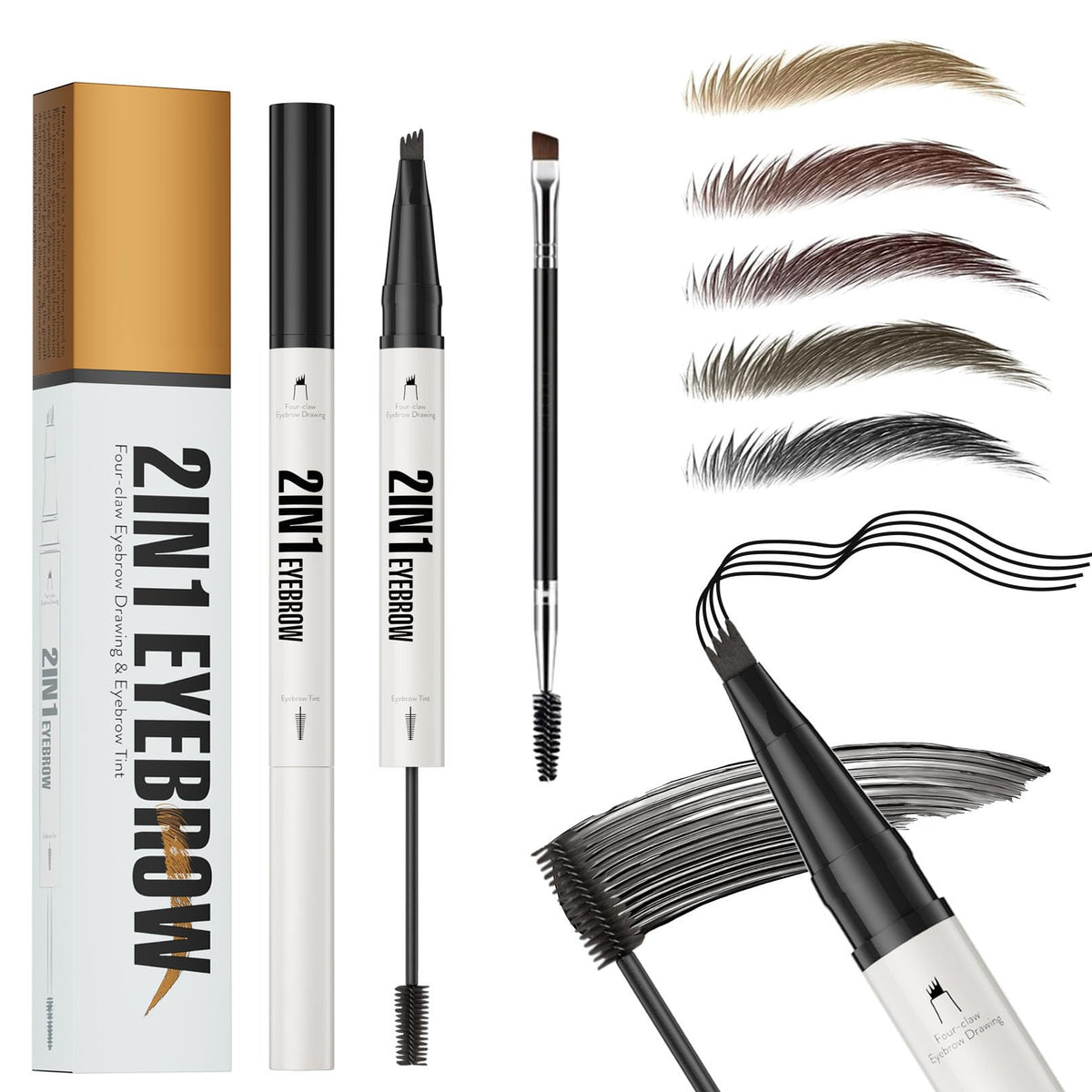 ELALRAU Eyebrow Pencil with Eyebrow Gel, 2-in-1 Microblading Eyebrow Pen and Brow Gel with 4 Fork Tip & Precise Brush-Tip for Fuller-Looking Defined Brows, 24H Wear, Waterproof & Smudge-proof, Black