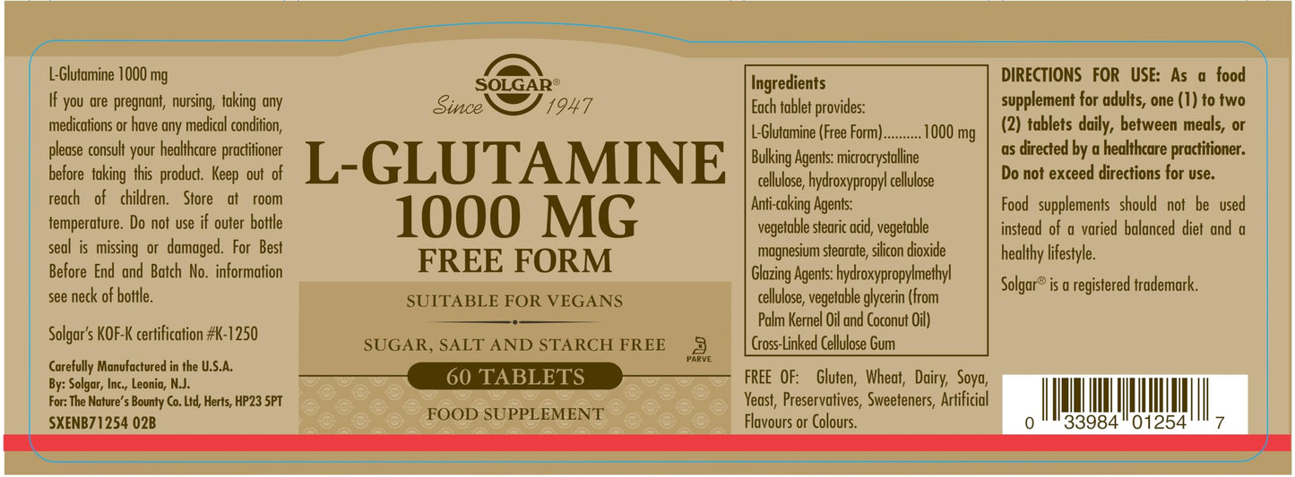 Solgar L-Glutamine 1000 mg Tablets - Pack of 60 - Supports Muscle Function - for Active Lifestyles - Great Addition to Whey Powder - Vegan