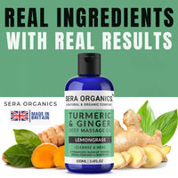 Turmeric & Ginger Massage Oil - 100% Natural Therapy for Lymphatic Drainage, Nerve, Muscle & Joint Relief - Ginger Lemongrass Warming & Relaxing Formula | Made in The UK | Sera Organics (100ml)