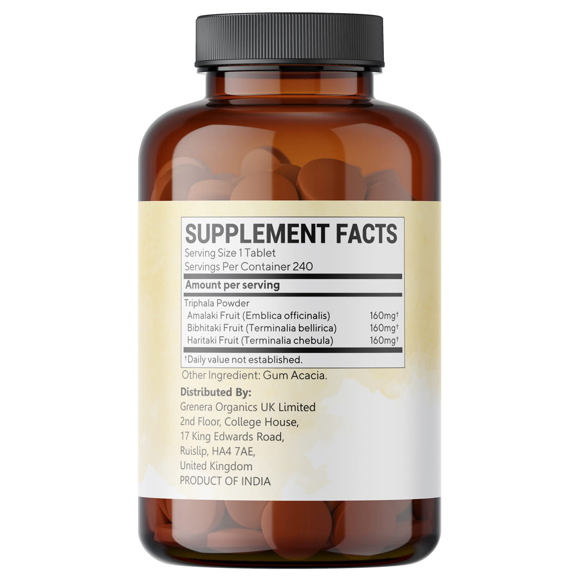 Arumba Ayurveda Triphala Tablets 240 Tablets, 500 mg per Tablet, Made with Pure Amalaki Powder, Haritaki Powder, Bibhitaki Powder