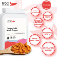 Troo Health Care Turmeric Supplement (500 mg) - 60 Capsules with Black Pepper Extract Piperine | Provides 95% Standardisation of Curcumin | UK Manufactured