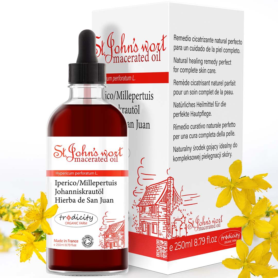tradicity ORGANIC FARM St Johns Wort Muscle & Joint Massage Therapy Oil. Firming Anti Celullite Body Oil. Pregnancy Stretch Mark. Body, Face and Hair Moisturiser Oil. Anti Aging Night Serum 250 ml