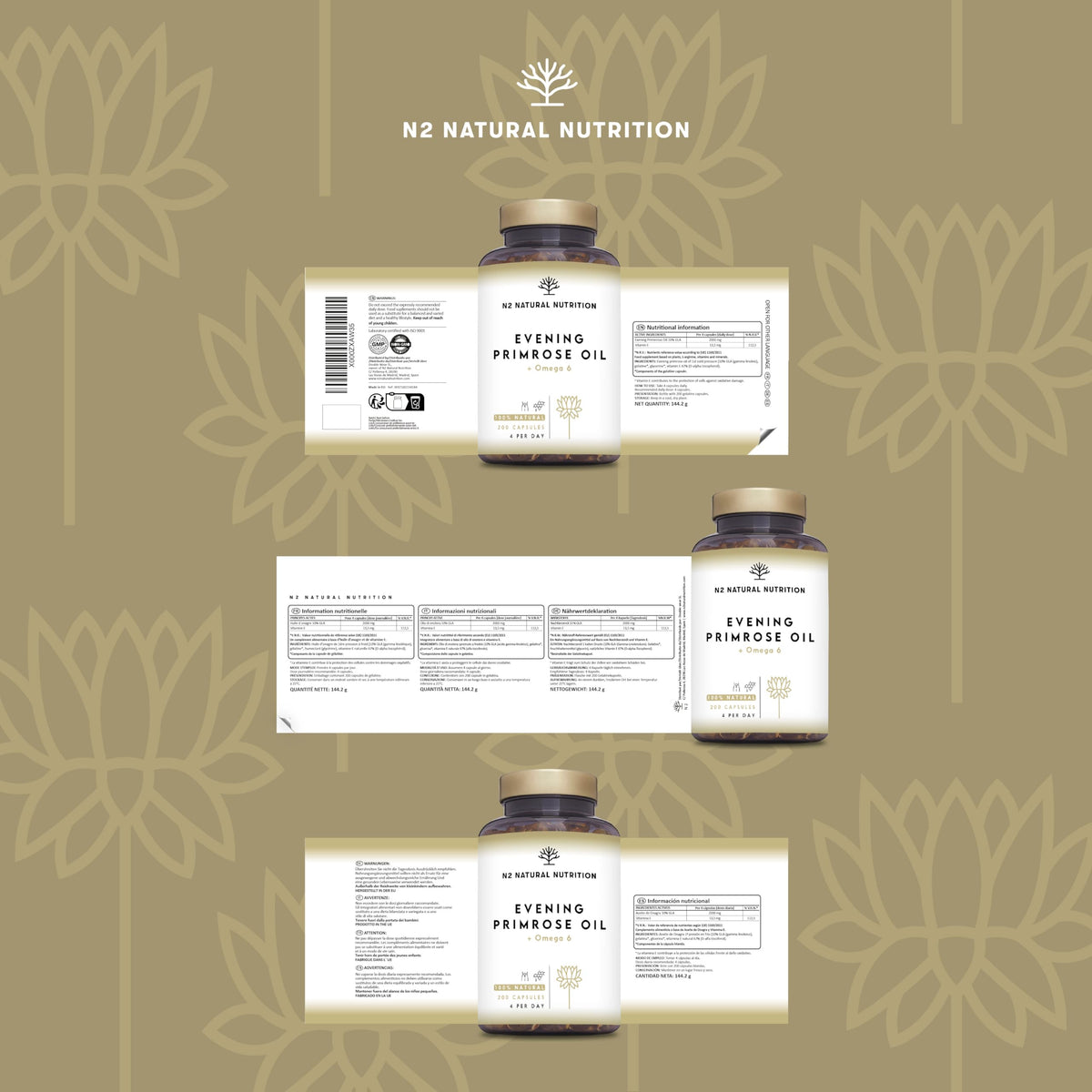 Evening Primrose Oil 2000 mg per dose, GLA Omega 6 200mg + Vitamin E. 200 High Strength Softgels, Easy Swallow, Cold Pressed. Menopause, Skin and Nails Care. Made in EU. N2 Natural Nutrition.