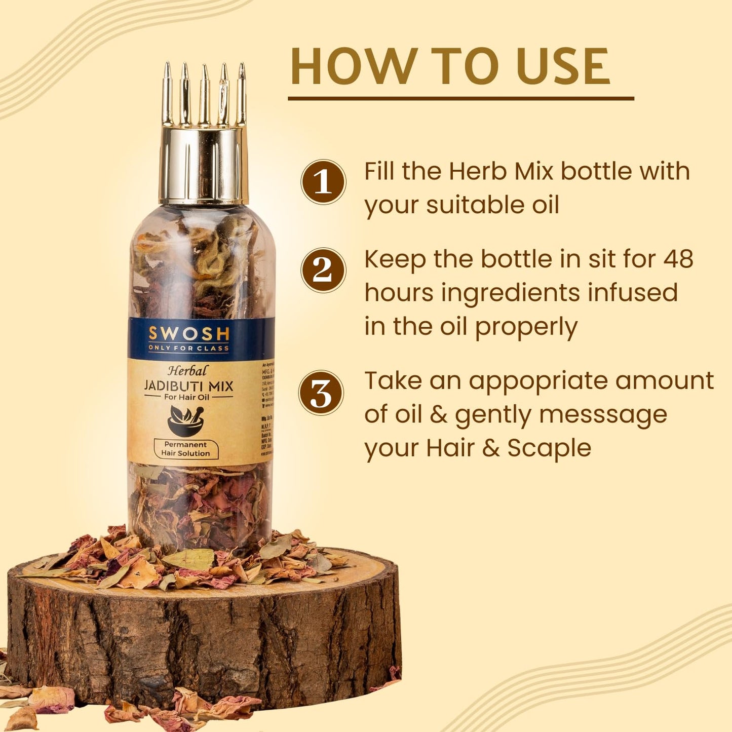 SWOSH Ayurvedic Herbs and Herbal Dry Jadibutti Mixture For Hair Oil Infusion 10 gram(0.35 oz) Bottle With Comb Applicator