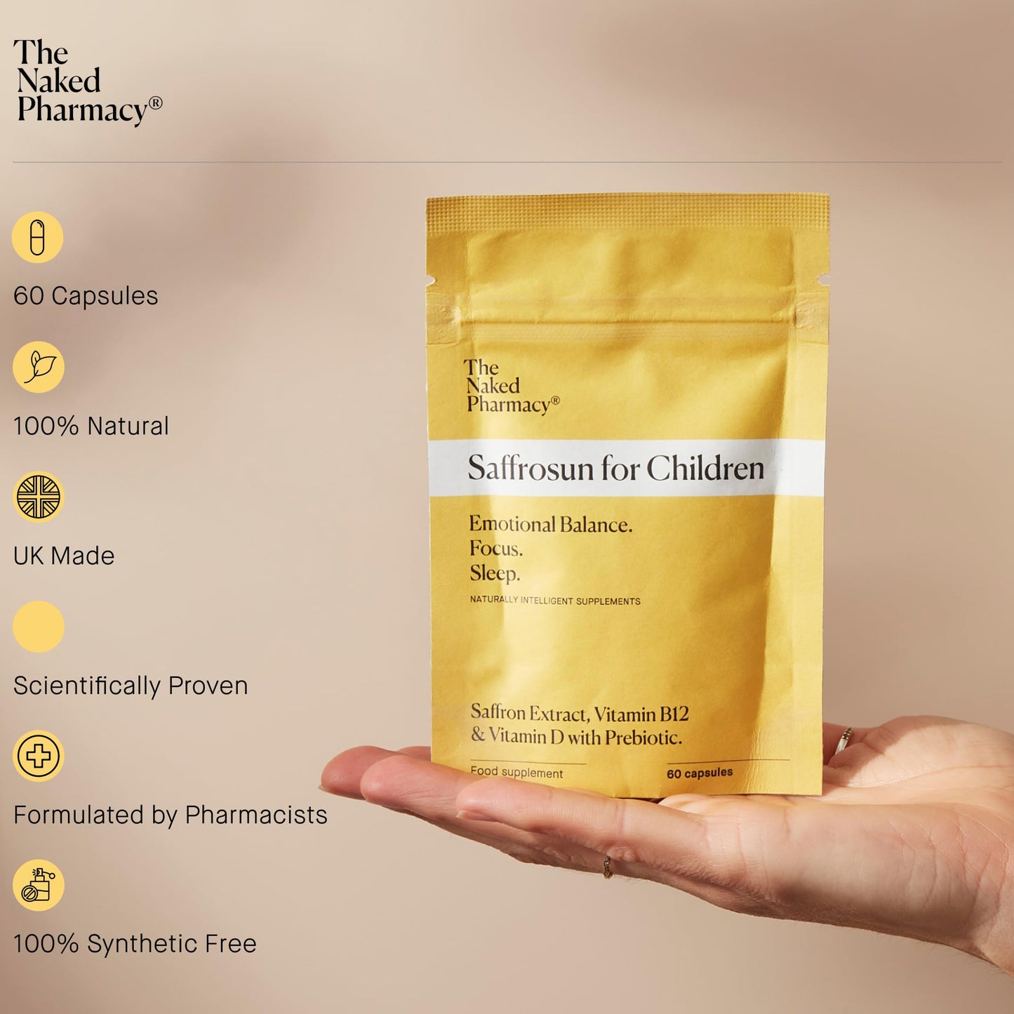 The Naked Pharmacy | Saffrosun for Children | Sleep & Balance | Natural Saffron Supplements with Vitamins D3 & B12 | High Strength | No Additives | Vegan | 60 Capsules
