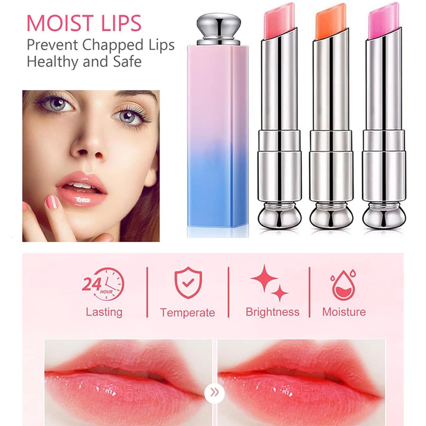 Colour Changing Lip Balm, Long Lasting Moisturizing Lipsticks, Natural Lip Balm Ingredients, Relieves Dry Lips, Long Lasting Jelly Lipstick, Pre-makeup Base to Moisturize Lips, 3Pcs