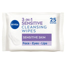 NIVEA 3in1 Sensitive Cleansing Wipes (25 Sheets), Plant-Based Makeup Remover Sheets, Face Wipes for Sensitive Skin, Gentle yet Effective Makeup Removal (Pack of 6)