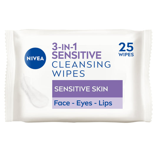 NIVEA 3in1 Sensitive Cleansing Wipes (25 Sheets), Plant-Based Makeup Remover Sheets, Face Wipes for Sensitive Skin, Gentle yet Effective Makeup Removal (Pack of 6)