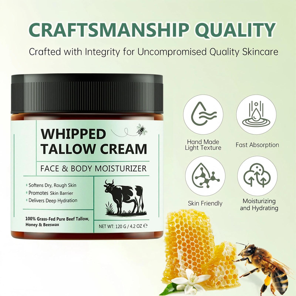 Wormeer Beef Tallow for Skin Care 120g, Honey Balm, Beef Tallow Moisturiser, Grass-Fed Whipped Face Cream with Raw Honey, Deep Hydration for Women