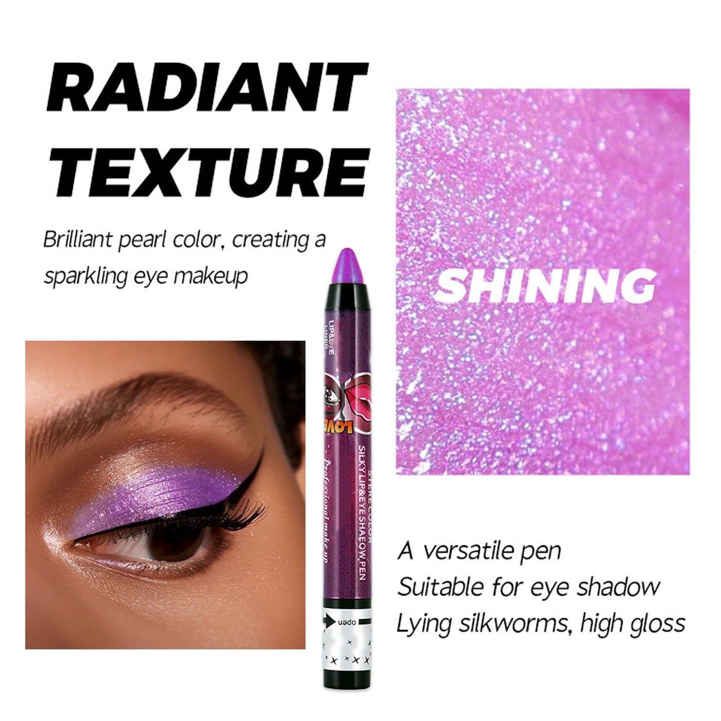 LYNTYAOU Bright Purple Shimmer Eyeshadow Stick, Pink Pearl Cream Eye Shadow Pen, Mermaid Glitter Color Crayon Eyeshadows Pencil, Pearlescent High Pigmented Eyeliner, Smooth for Eyes Makeup