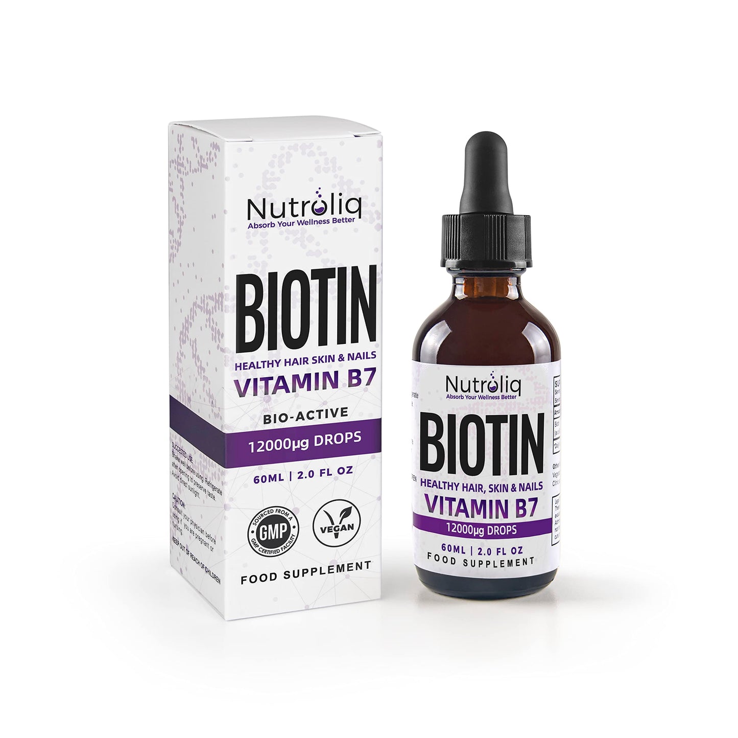 Nutroliq Absorb Your Wellness Better Nutroliq Biotin Liquid Drops - Vegan Vitamin B7 Dietary Supplement for Hair, Nail & Skin Health - Pure 12000mcg Biotin Drops for Hair Growth - Extra Strength Berry-Flavoured Vitamin H Serum - 60 ml