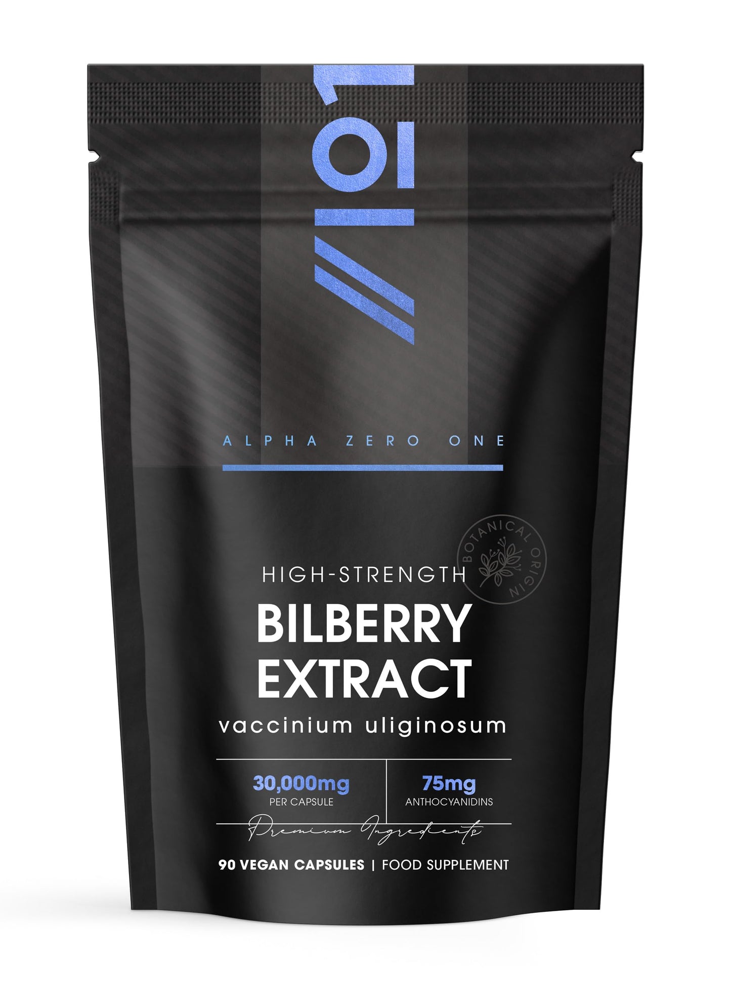 ALPHA01 Bilberry Extract 30,000mg - Standardised 25% Anthocyanidins from 50:1 Vaccinium Uliginosum Extract - 90 Vegan Capsules (3 Months Supply) – Resealable and Recyclable Pouch by Alpha01
